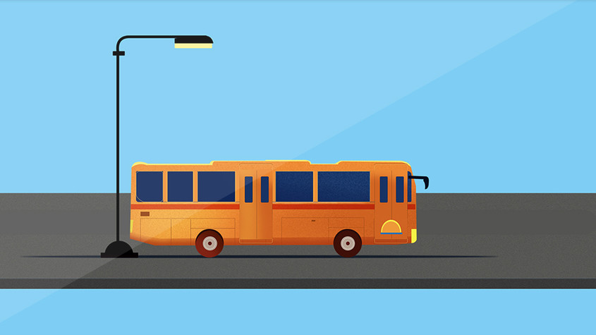 路灯下扁平橙色公交车gif图片