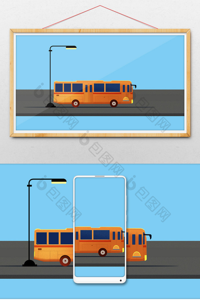 路灯下扁平橙色公交车gif