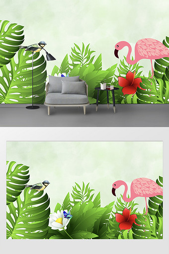 现代简约水彩风热带植物火烈鸟背景墙图片