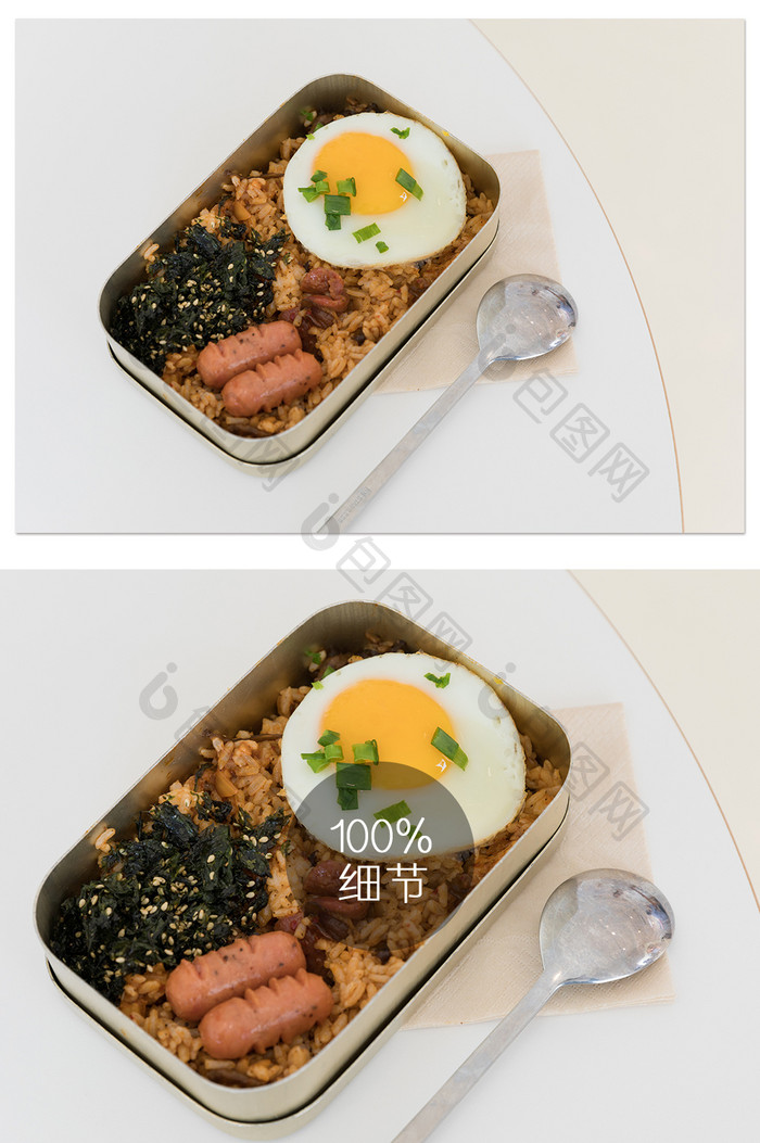 鸡蛋牛肉泡菜便当盒饭摄影图片