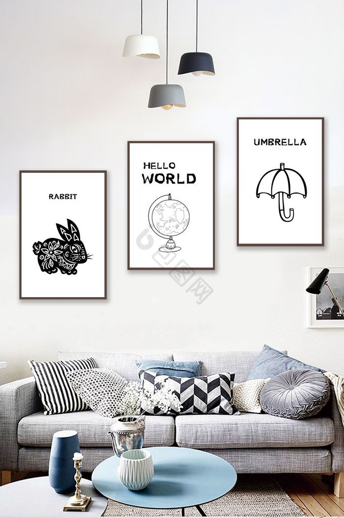 简欧黑白动物兔子雨伞客厅卧室装饰画图片