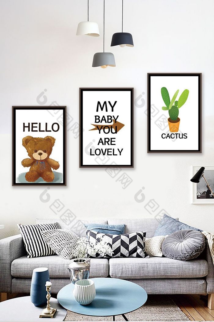 手绘动物小熊仙人掌英文儿童房卧室装饰画