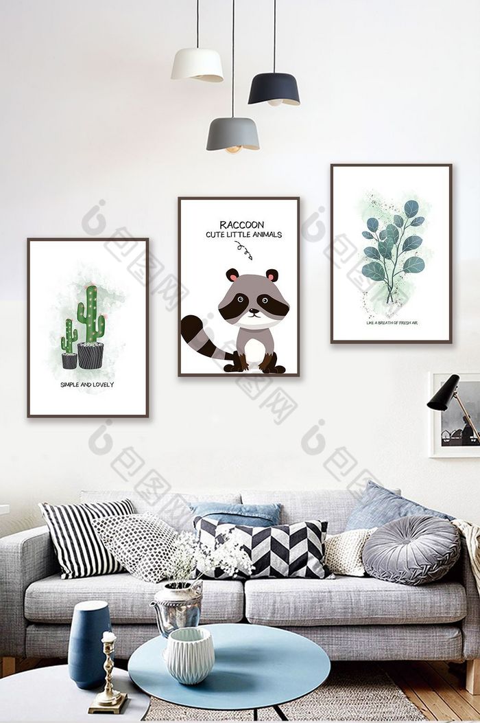 手绘淡彩动物浣熊植物客厅卧室装饰画图片图片