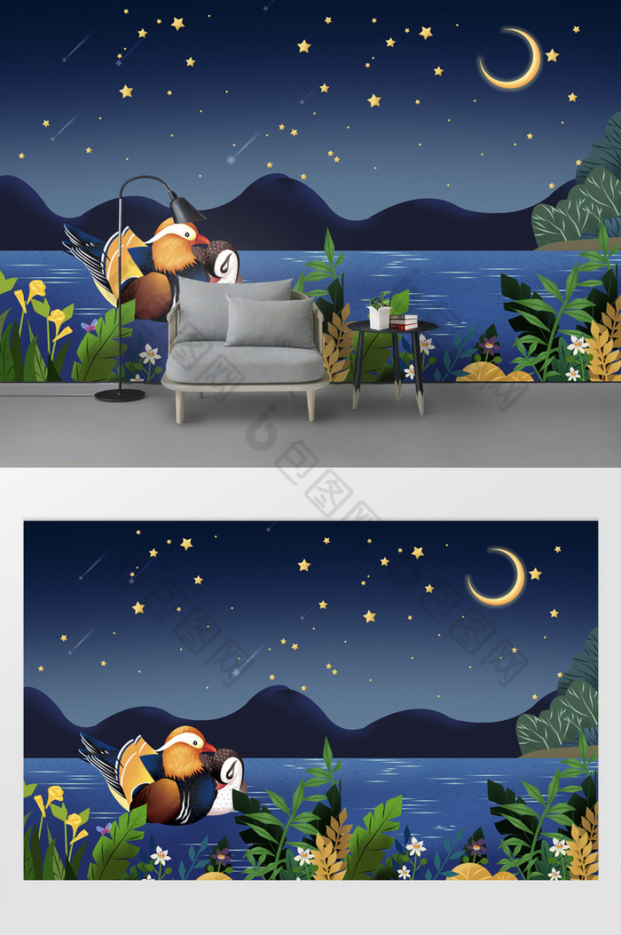 现代唯美月光山水湖面鸳鸯戏水儿童房背景墙图片图片