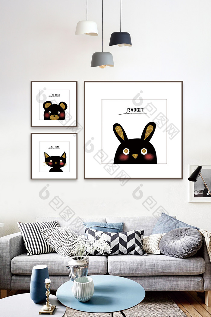 简欧手绘动物兔子猫咪儿童房卧室装饰画图片图片