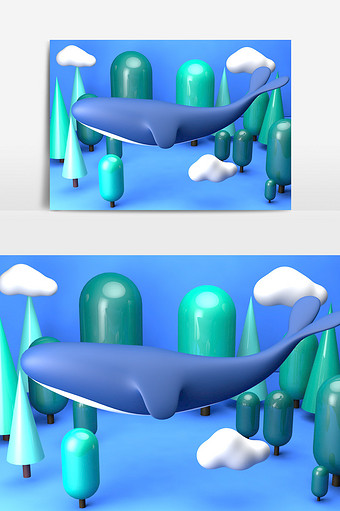 C4D森林里的鲸鱼小场景模型图片