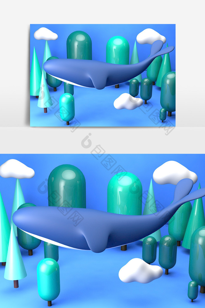 C4D森林里的鲸鱼小场景模型