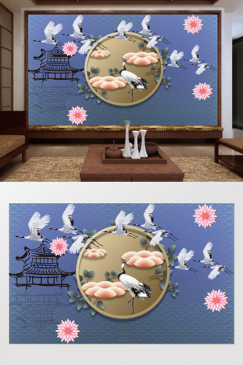 中式国潮白鹤花背景墙图片