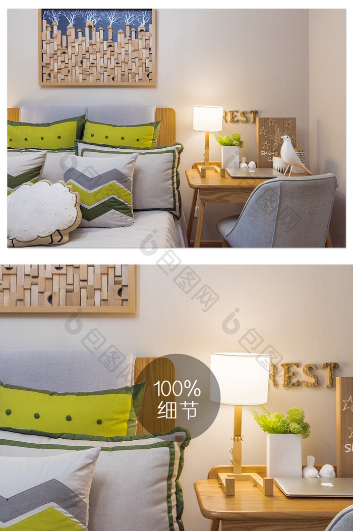 清新明亮的卧室床头地产摄影图