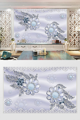 小清新蓝色钻石珠宝花卉蕾丝花边珠宝背景墙图片
