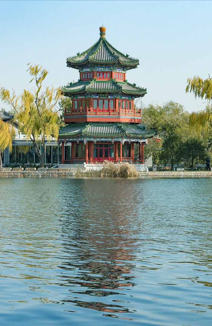 风景优美的北京后海古塔图片图片