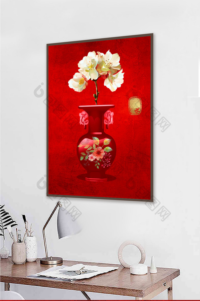 新中式中国风花瓶花朵红色艺术金箔装饰画