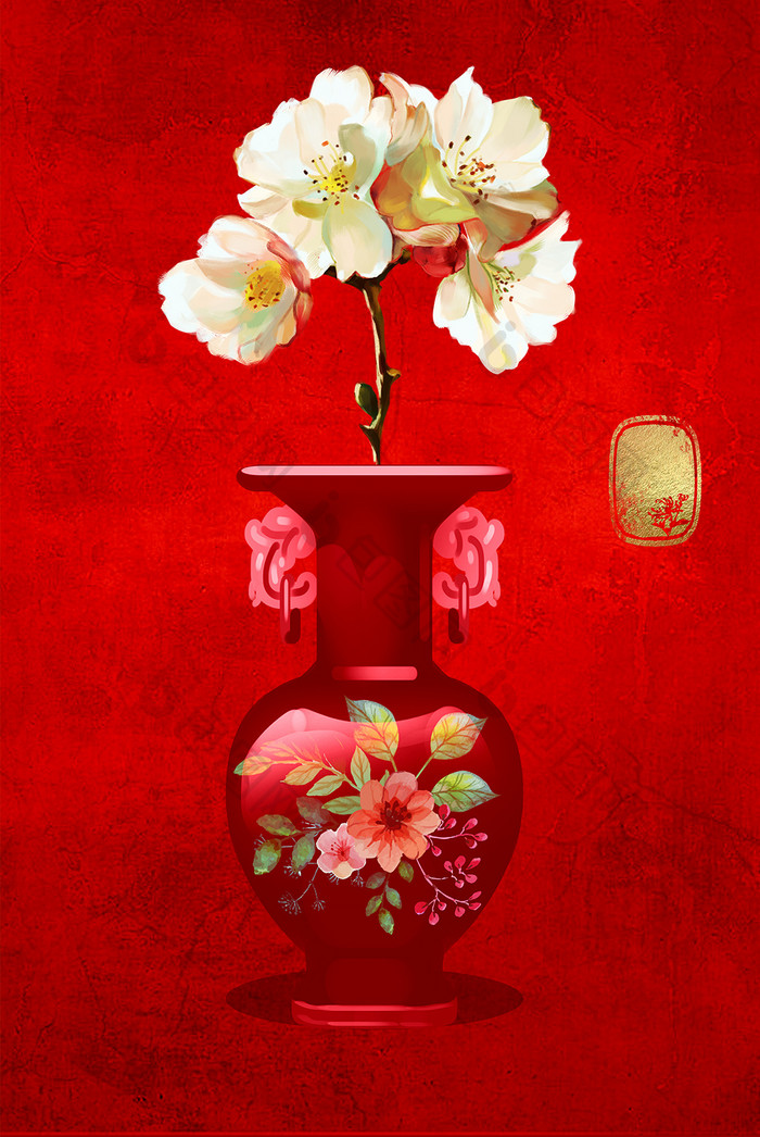 新中式中国风花瓶花朵红色艺术金箔装饰画
