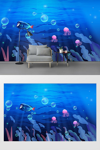 现代唯美海底世界海豚水母儿童房背景墙图片