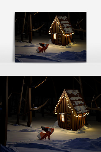 C4Dlowpoly狐狸与小房子模型图片