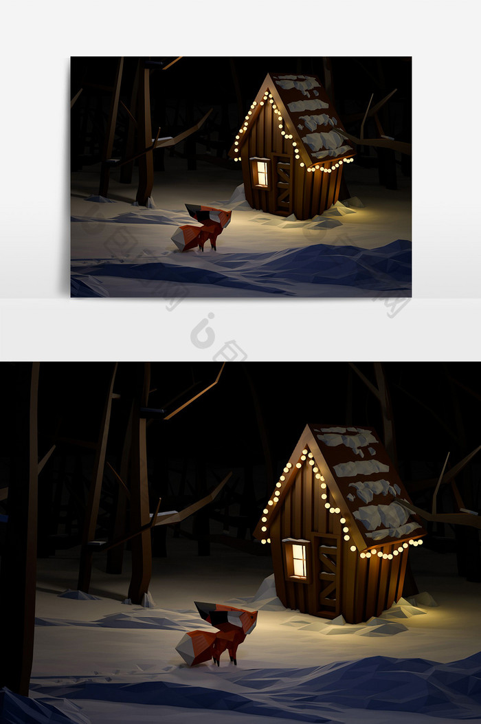 C4Dlowpoly狐狸与小房子模型