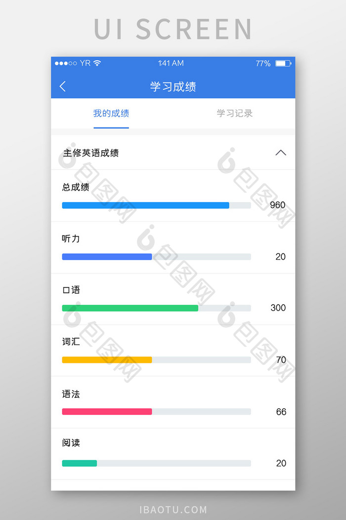 蓝色简约风格学习成绩我的成绩柱状图展示界