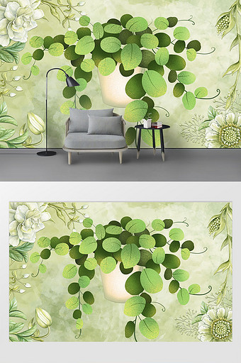 唯美清新绿色手绘茶花绿色树叶花纹背景墙图片