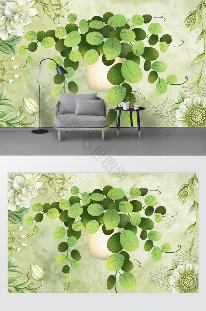 唯美清新绿色手绘茶花绿色树叶花纹背景墙