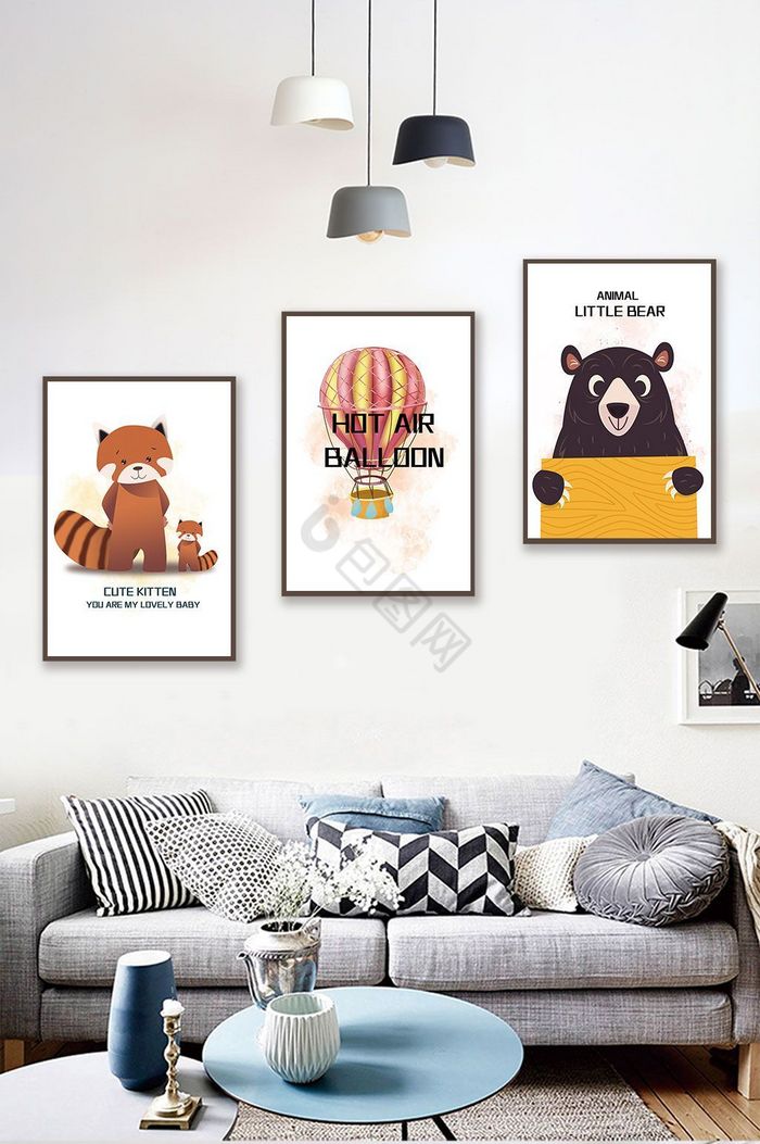 手绘简欧动物小熊猫咪儿童房卧室装饰画图片