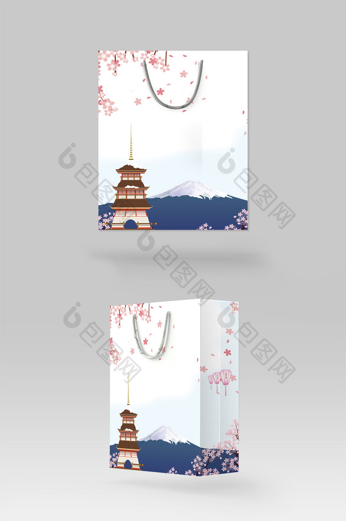 蓝白富士山樱花日式纪念品手提袋