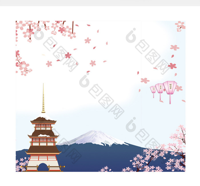 蓝白富士山樱花日式纪念品手提袋