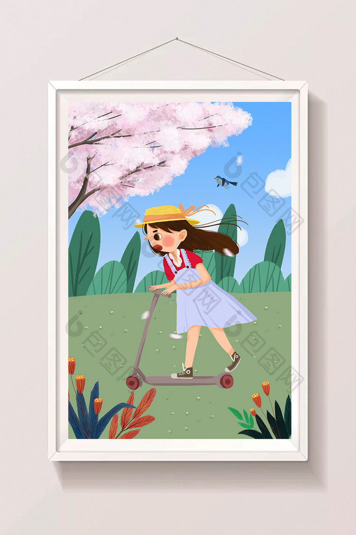 小清新春天郊游滑滑板的女孩手绘插画