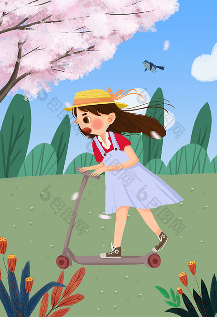 小清新春天郊游滑滑板的女孩手绘插画