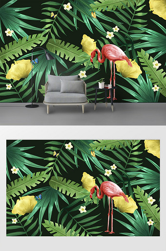 北欧现代绿植火烈鸟背景墙图片