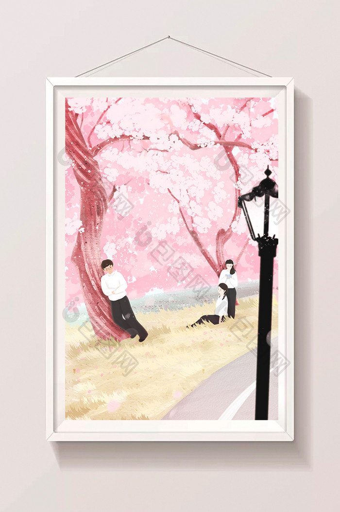 粉红唯美清新樱花祭之赏花手绘插画