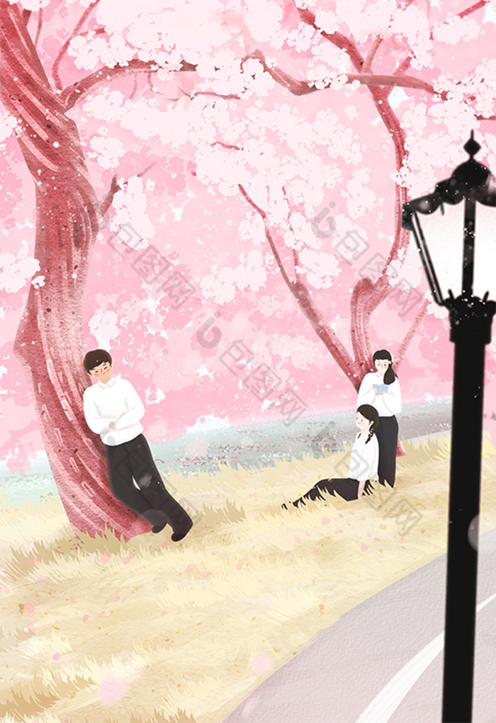 粉红樱花祭之赏花插画图片