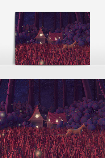C4Dlowpoly夜晚森林场景模型图片