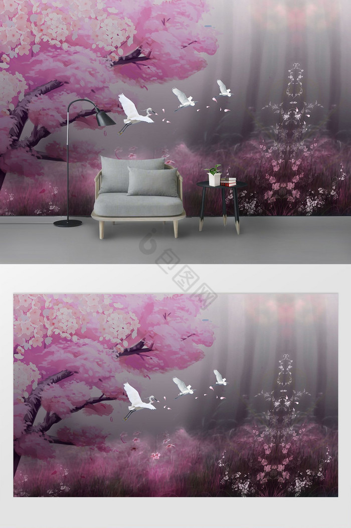 现代简约唯美樱花树背景墙图片