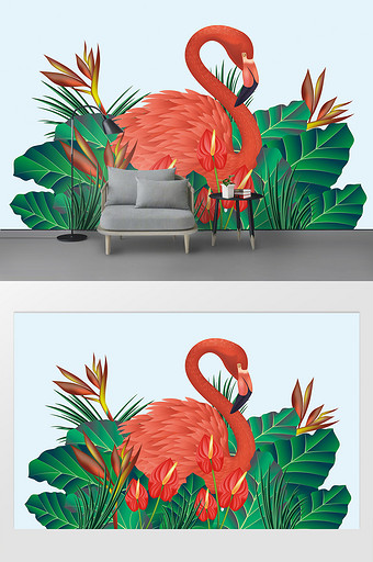 清新唯美创意手绘热带绿色植物火烈鸟背景墙图片