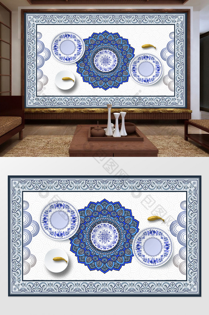 传统纹样新中式青花瓷花瓶背景墙图片图片