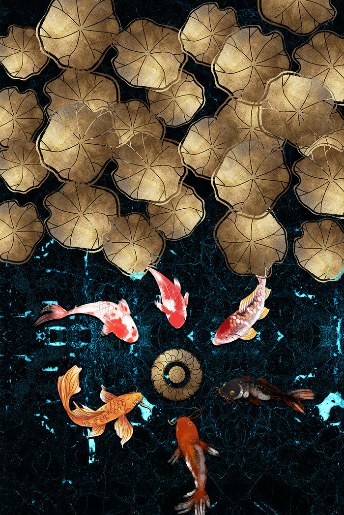 新中式中国风金箔荷花鲤鱼戏珠艺术装饰画