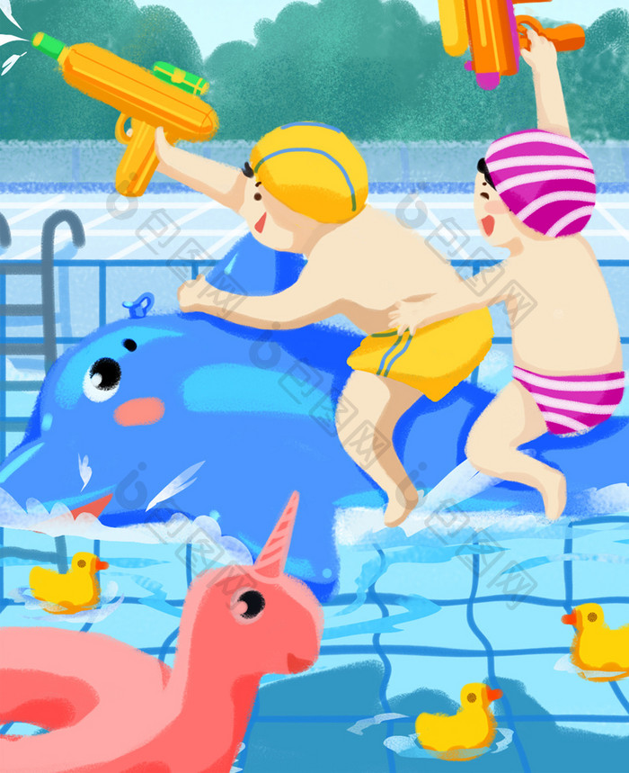 浅蓝色手绘卡通可爱儿童玩耍你好夏天游泳