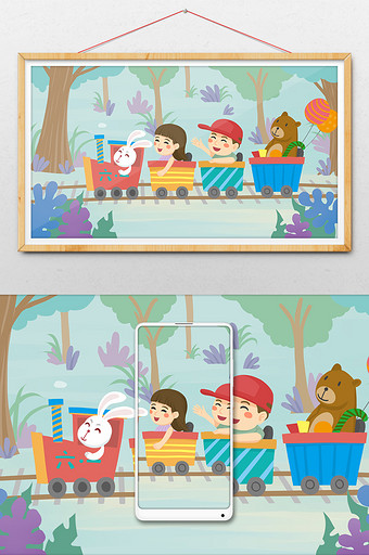 清新扁平六一儿童节小朋友坐小火车插画图片