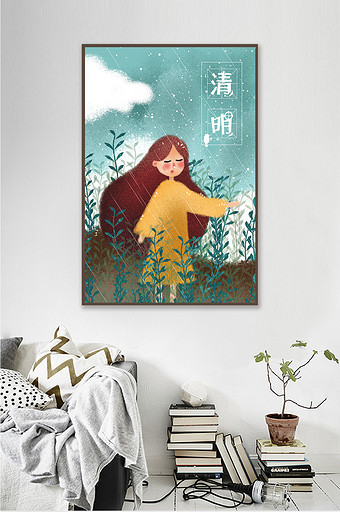 手绘清明节气雨季丛林女孩走廊装饰画图片