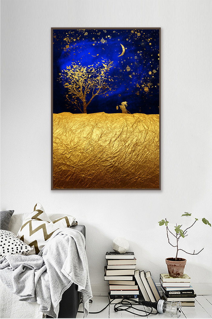 新中式金箔蓝色月亮艺术抽象装饰画图片