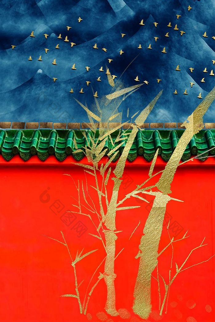 新中式中国风红墙青瓦金箔竹子抽象装饰画
