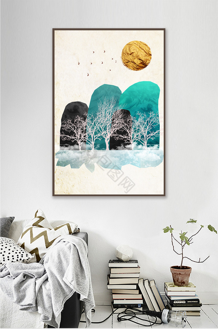 抽象艺术风景金箔山树木艺术装饰画素材图片