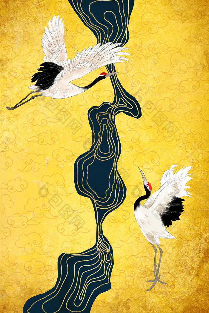 新中式仙鹤线条抽象艺术中国风装饰画素材