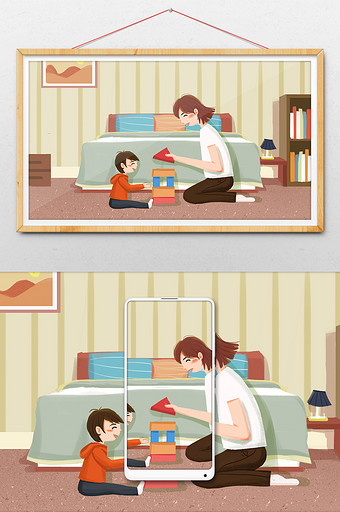 卡通扁平母亲节妈妈抚养陪伴小孩插画图片