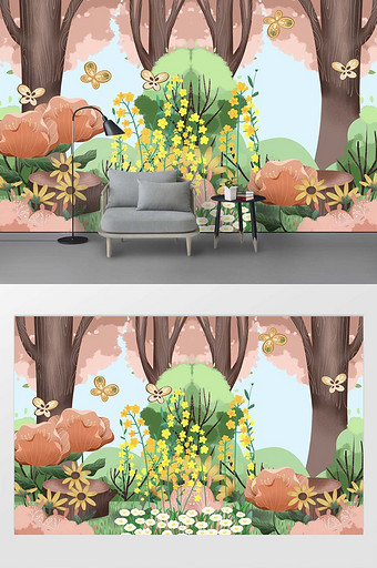 现代唯美春分森林温馨花卉儿童房背景墙图片