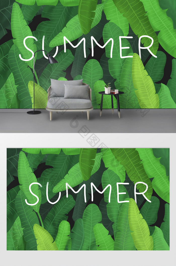 手绘芭蕉叶热带植物电视背景墙图片图片