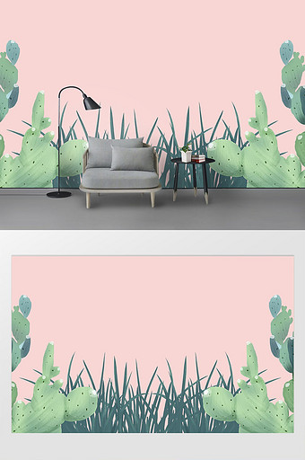 北欧清新水彩手绘仙人掌电视沙发背景墙图片