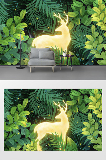 手绘丛林植物麋鹿电视背景墙图片