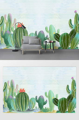 北欧清新手绘水彩仙人掌沙发背景墙图片