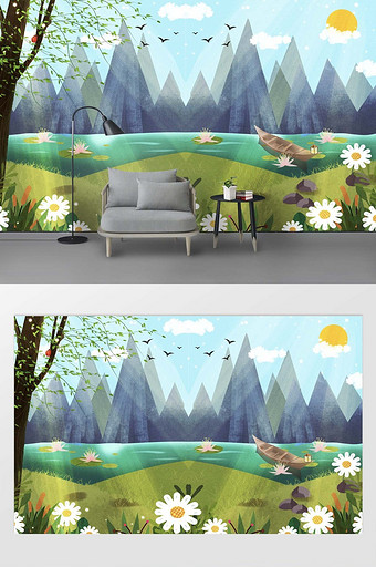 现代手绘春分唯美手绘荷花仙境山水画背景墙图片